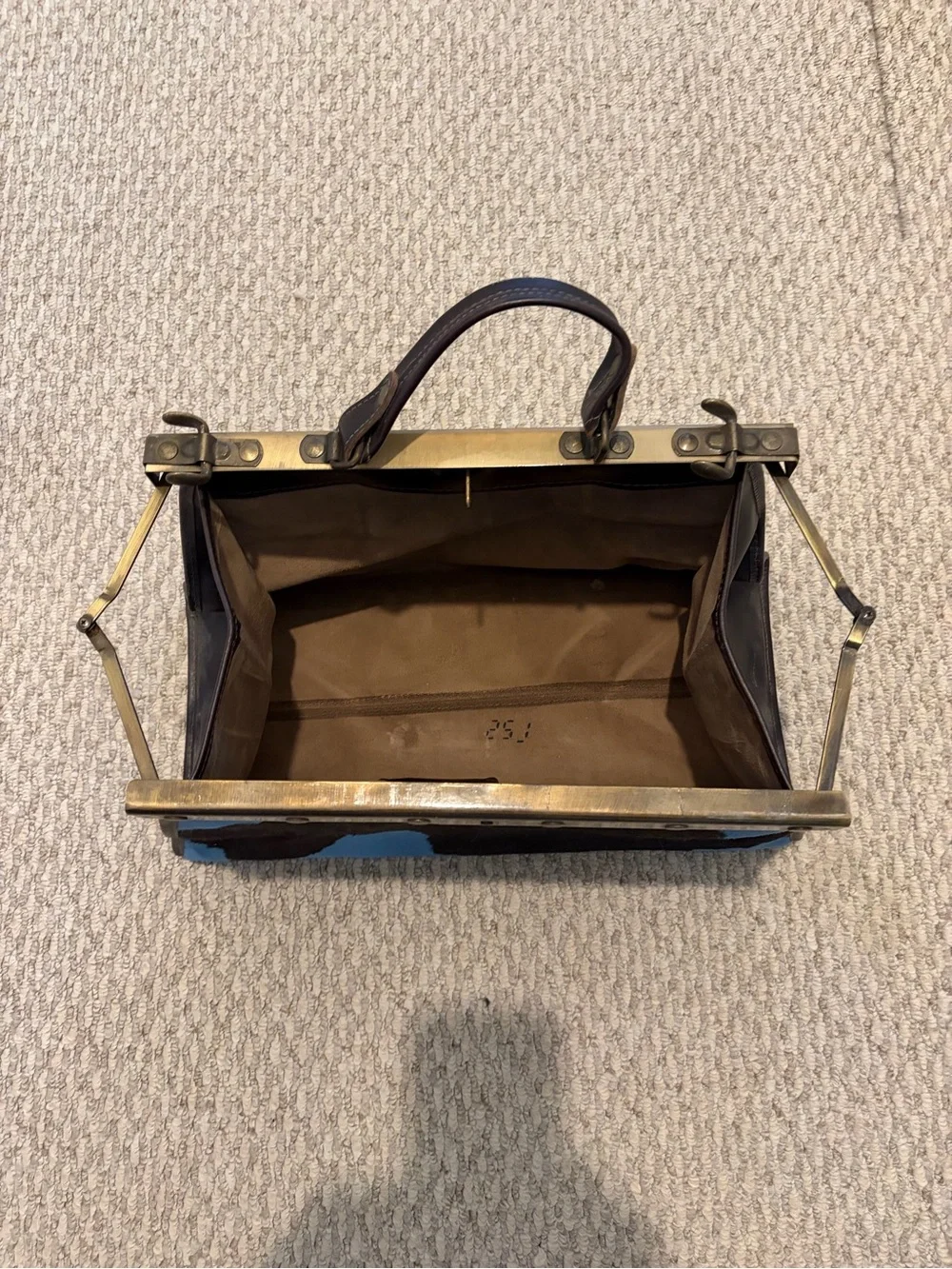 Cowhide Frame Top-Handle Bag in Blue and Black - Picture 3 of 5
